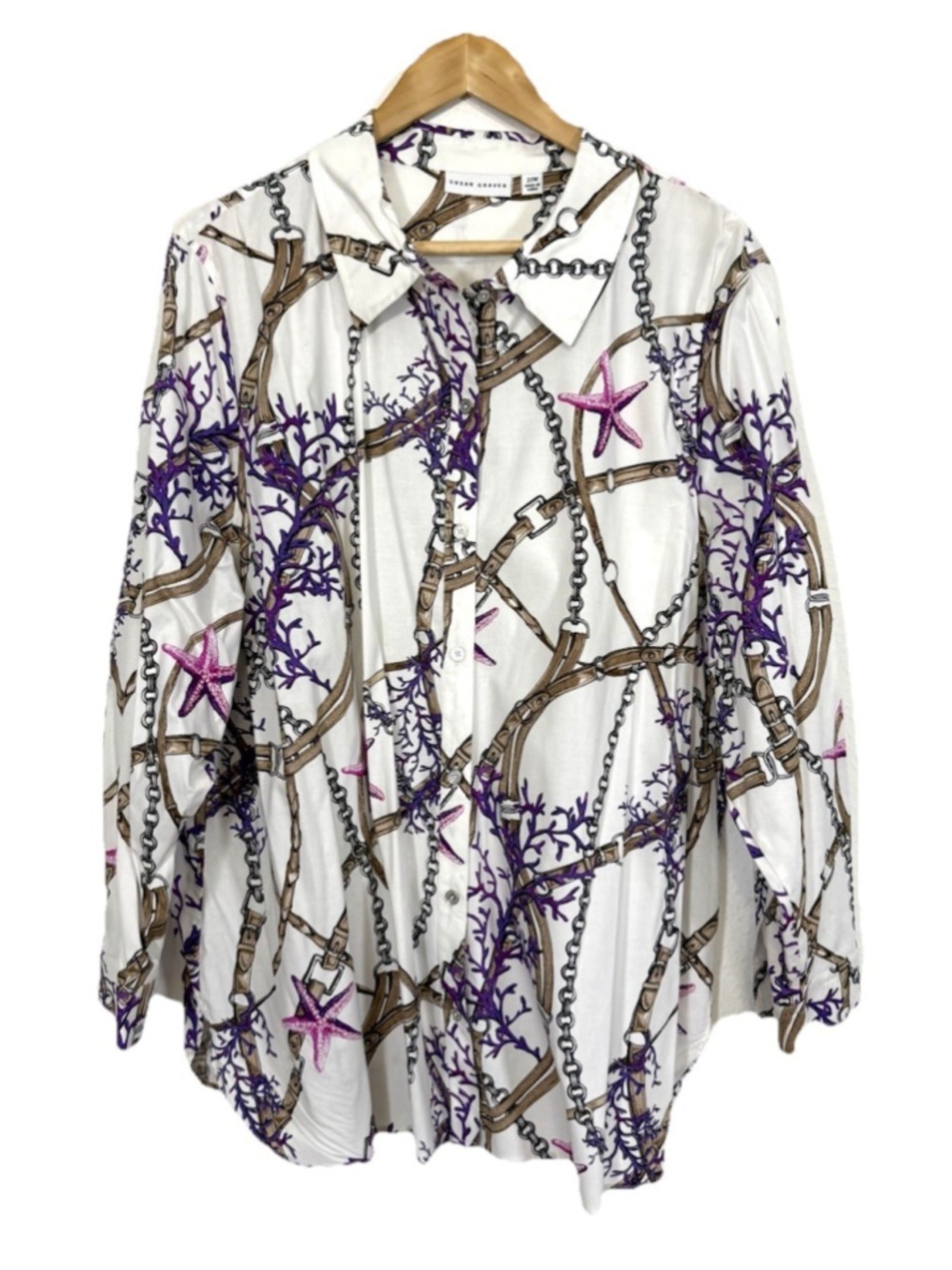 Susan Graver Horse bit Starfish Equestrian Print Blouse Plus Sz 22W Women Preppy
